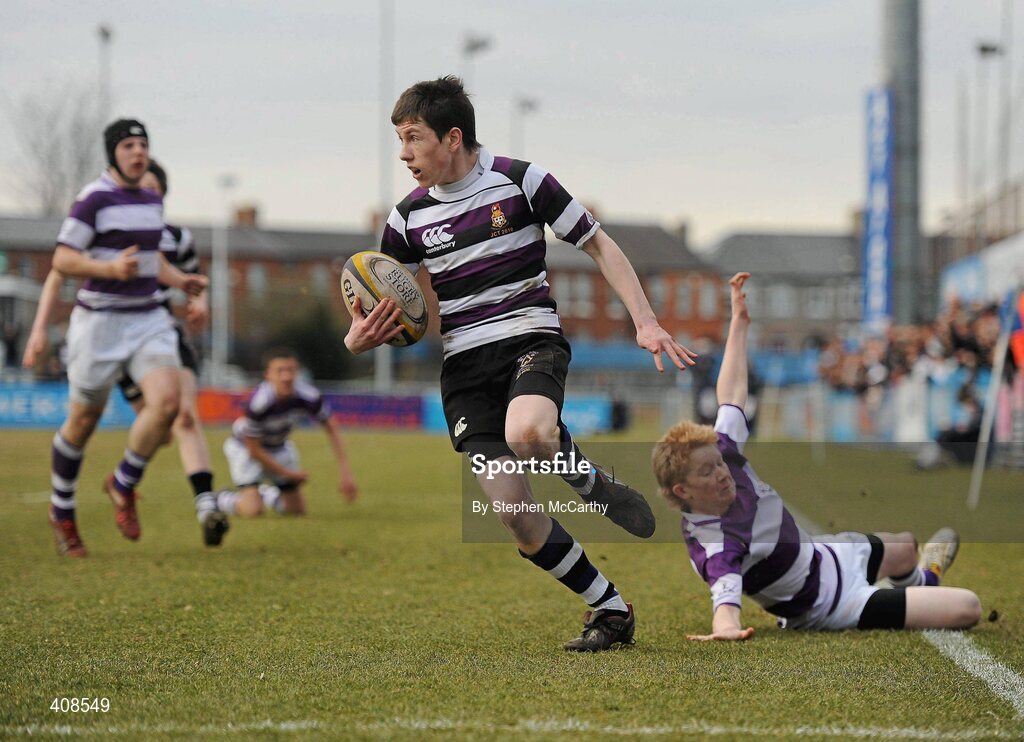 11 March 2010; Tom O'Brien, Terenure College, about to score his side's first try despite the attention of Philip Maher, Clongowes Wood College SJ. Leinster Schools Junior Cup Semi-Final, Clongowes Wood College SJ v Terenure College, Donnybrook Stadium, Donnybrook, Dublin. Picture credit: Stephen McCarthy / SPORTSFILE