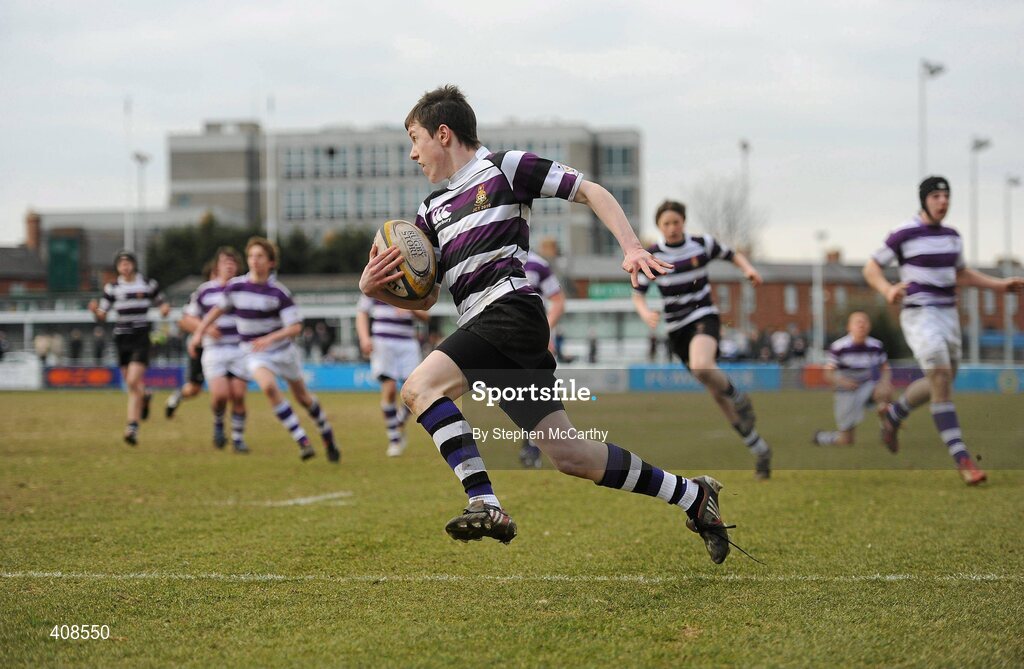 11 March 2010; Tom O'Brien, Terenure College, scores his side's first try despite the attention of Philip Maher, Clongowes Wood College SJ. Leinster Schools Junior Cup Semi-Final, Clongowes Wood College SJ v Terenure College, Donnybrook Stadium, Donnybrook, Dublin. Picture credit: Stephen McCarthy / SPORTSFILE