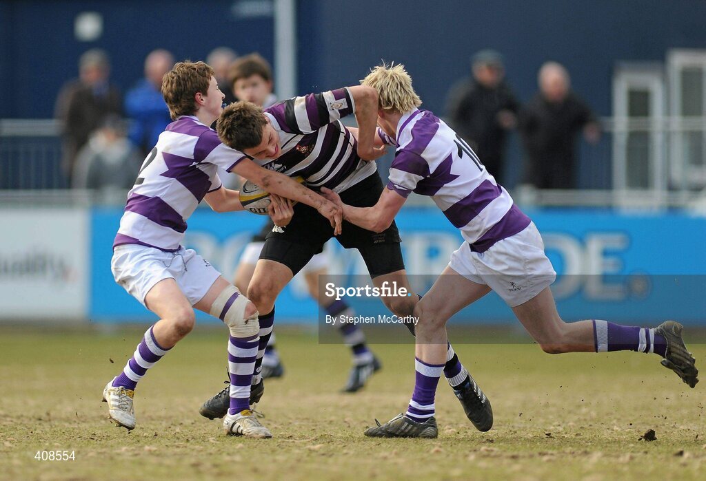 11 March 2010; Harrison Brewer, Terenure College, in action against Daniel O'Sullivan, left, and William Lappin, Clongowes Wood College SJ. Leinster Schools Junior Cup Semi-Final, Clongowes Wood College SJ v Terenure College, Donnybrook Stadium, Donnybrook, Dublin. Picture credit: Stephen McCarthy / SPORTSFILE