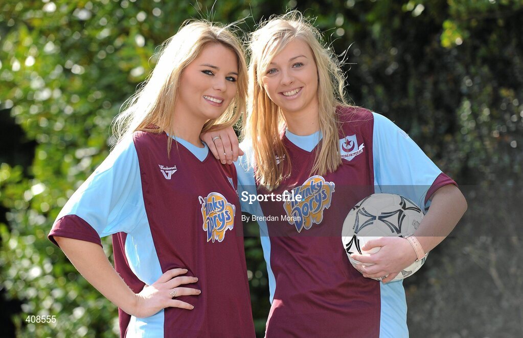 11 March 2010; Hunky Dorys and former League of Ireland champions Drogheda United have announced a major two year sponsorship deal, which will include United Park being renamed Hunky Dorys Park and the first and reserve teams will carry the Hunky Dory logo. At the announcement are models Claudia Martin, left, and Laura Prendergast. Herbert Park Hotel, Ballsbridge, Dublin. Picture credit: Brendan Moran / SPORTSFILE