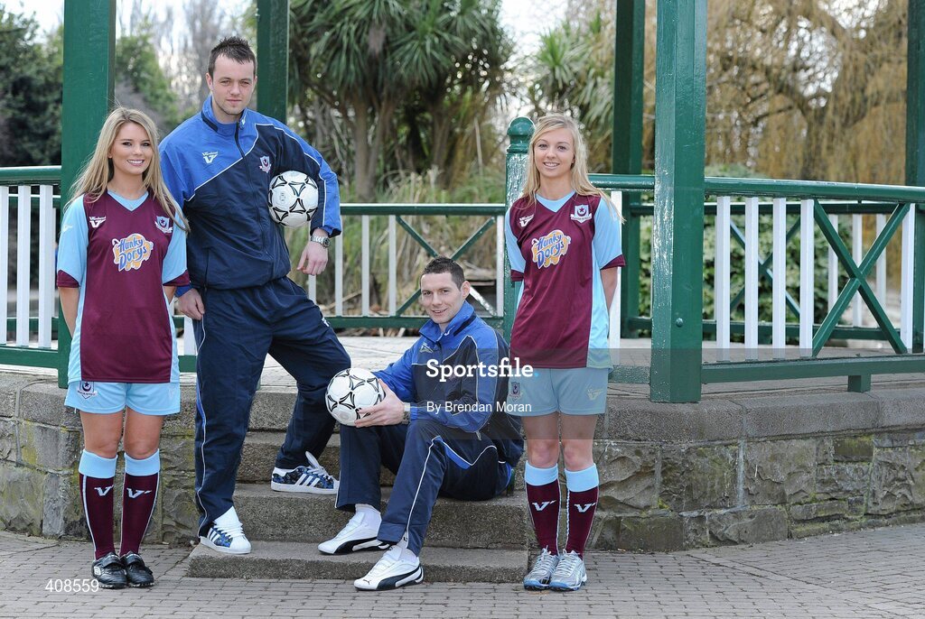 11 March 2010; Hunky Dorys and former League of Ireland champions Drogheda United have announced a major two year sponsorship deal, which will include United Park being renamed Hunky Dorys Park and the first and reserve teams will carry the Hunky Dory logo. At the announcement are models Claudia Martin, left, and Laura Prendergast with goalkeeper Paul Skinner and team captain Alan McNally. Herbert Park Hotel, Ballsbridge, Dublin. Picture credit: Brendan Moran / SPORTSFILE