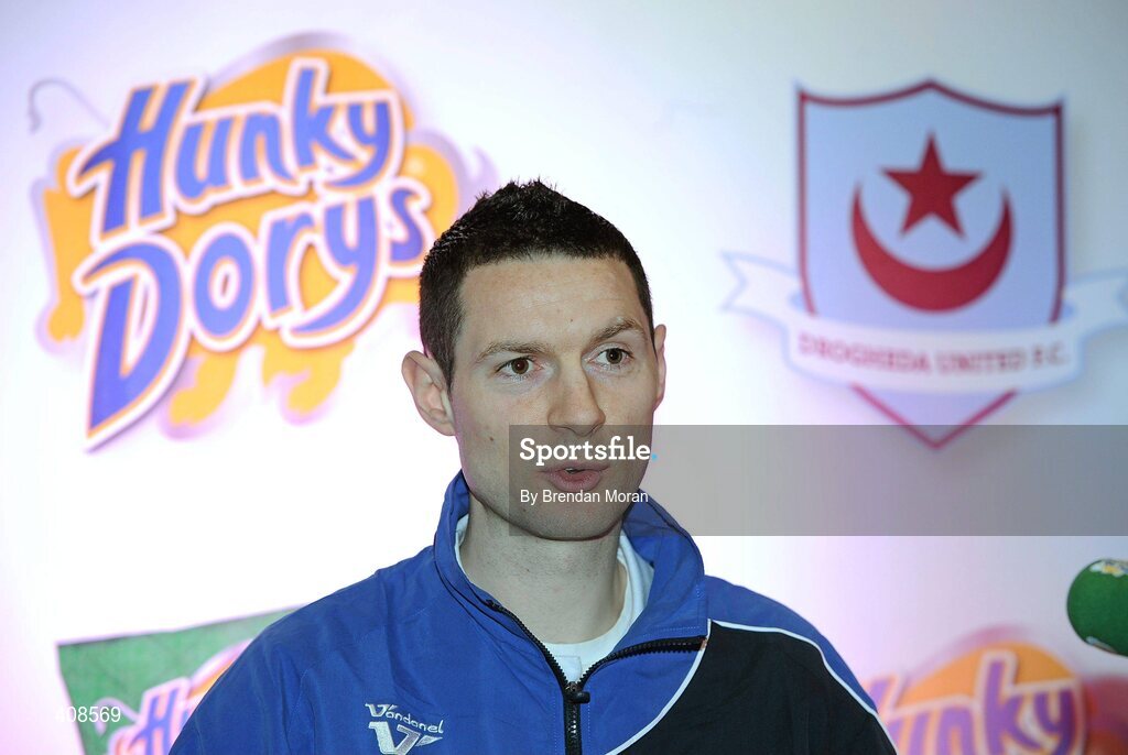 11 March 2010; Hunky Dorys and former League of Ireland champions Drogheda United have announced a major two year sponsorship deal, which will include United Park being renamed Hunky Dorys Park and the first and reserve teams will carry the Hunky Dory logo. Speaking at the announcement is team captain Alan McNally. Herbert Park Hotel, Ballsbridge, Dublin. Picture credit: Brendan Moran / SPORTSFILE