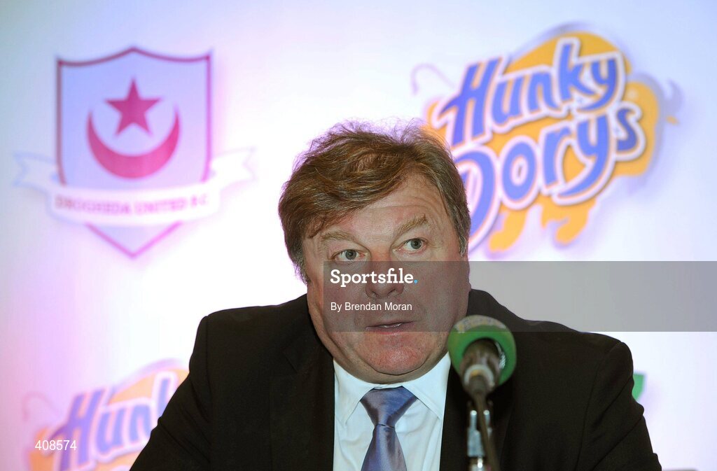 11 March 2010; Hunky Dorys and former League of Ireland champions Drogheda United have announced a major two year sponsorship deal, which will include United Park being renamed Hunky Dorys Park and the first and reserve teams wil carry the Hunky Dory logo. Speaking at the announcement is Raymond Coyle, CEO, Hunky Dorys. Herbert Park Hotel, Ballsbridge, Dublin. Picture credit: Brendan Moran / SPORTSFILE