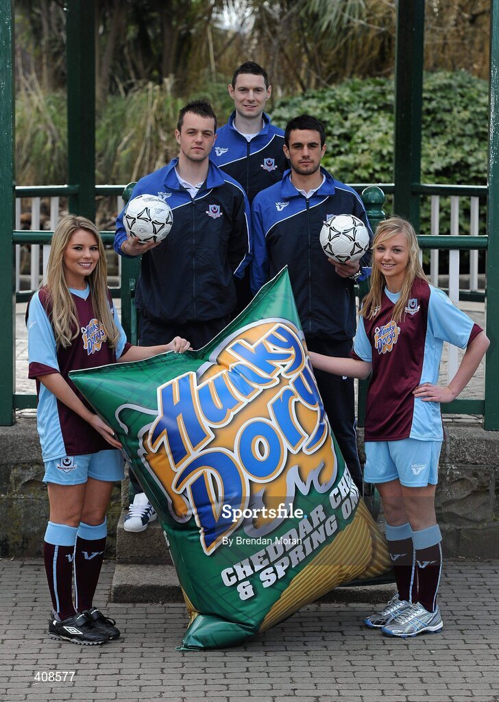 11 March 2010; Hunky Dory's and former League of Ireland champions Drogheda United have announced a major two year sponsorship deal, which will include United Park being renamed Hunky Dorys Park and the first and reserve teams will carry the Hunky Dory logo. At the announcement are models Claudia Martin, left, and Laura Prendergast with players Paul Skinner, 2nd from left, team captain Alan McNally, centre, and Jamie Duffy. Herbert Park Hotel, Ballsbridge, Dublin. Picture credit: Brendan Moran / SPORTSFILE