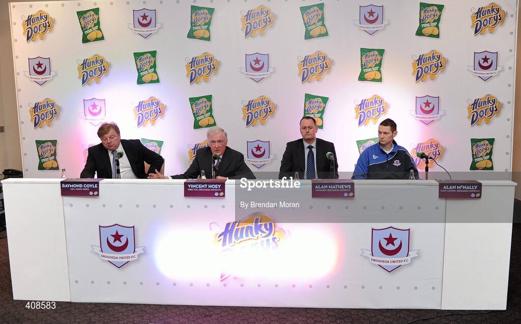 11 March 2010; Hunky Dory's and former League of Ireland champions Drogheda United have announced a major two year sponsorship deal, which will include United Park being renamed Hunky Dorys Park and the first and reserve teams will carry the Hunky Dory logo. Speaking at the announcement is club director Vincent Hoey, 2nd, from left, in the company of, from left, Raymond Coyle, CEO, Hunky Dory's, team manager Alan Matthews, and team captain Alan McNally. Herbert Park Hotel, Ballsbridge, Dublin. Picture credit: Brendan Moran / SPORTSFILE
