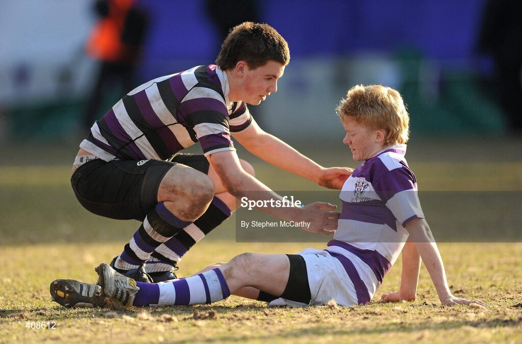 11 March 2010; Philip Maher, Clongowes Wood College SJ, is consoled by Harrisopn Brewer, Terenure College. Leinster Schools Junior Cup Semi-Final, Clongowes Wood College SJ v Terenure College, Donnybrook Stadium, Donnybrook, Dublin. Picture credit: Stephen McCarthy / SPORTSFILE