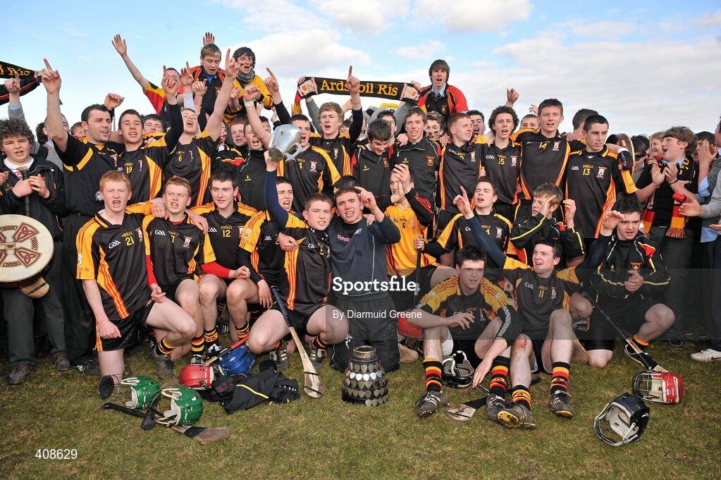 11 March 2010; The Ard Scoil Ris team celebrate with the Dr Harty Cup on the pitch after victory over Thurles CBS. Harty Cup Final, 2nd Replay, Thurles CBS v Ard Scoil Ris, McDonagh Park, Nenagh, Co. Tipperary. Picture credit: Diarmuid Greene / SPORTSFILE