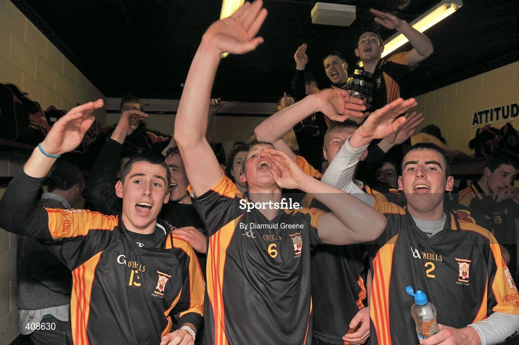 11 March 2010; Ard Scoil Ris players, lead by John Fitzgibbon, left, Shane Dowling, centre, and Mark Carmody celebrate in the dressing room after the game. Harty Cup Final, 2nd Replay, Thurles CBS v Ard Scoil Ris, McDonagh Park, Nenagh, Co. Tipperary. Picture credit: Diarmuid Greene / SPORTSFILE