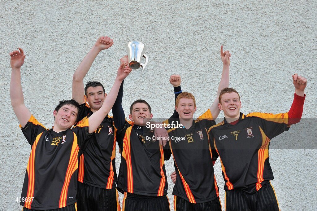 11 March 2010; Ard Scoil Ris players, all from County Clare, from left to right, Shane Crehan, Sean O'Connor, joint captain Cathal McInerney, Jamie Shanahan and Martin Moroney celebrate with the Dr Harty Cup after victory over Thurles CBS. Harty Cup Final, 2nd Replay, Thurles CBS v Ard Scoil Ris, McDonagh Park, Nenagh, Co. Tipperary. Picture credit: Diarmuid Greene / SPORTSFILE