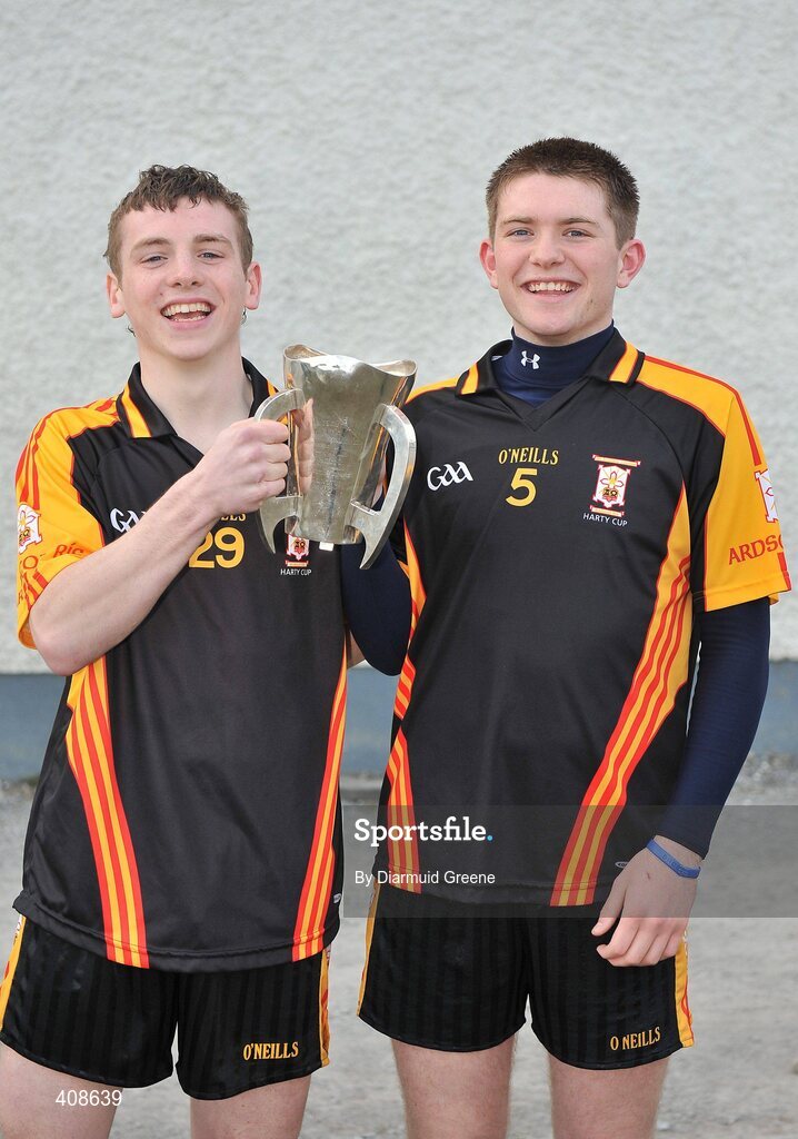 11 March 2010; Ard Scoil Ris joint captains Sean O'Brien, left, and Cathal McInerney celebrate with the Dr Harty Cup after victory over Thurles CBS. Harty Cup Final, 2nd Replay, Thurles CBS v Ard Scoil Ris, McDonagh Park, Nenagh, Co. Tipperary. Picture credit: Diarmuid Greene / SPORTSFILE