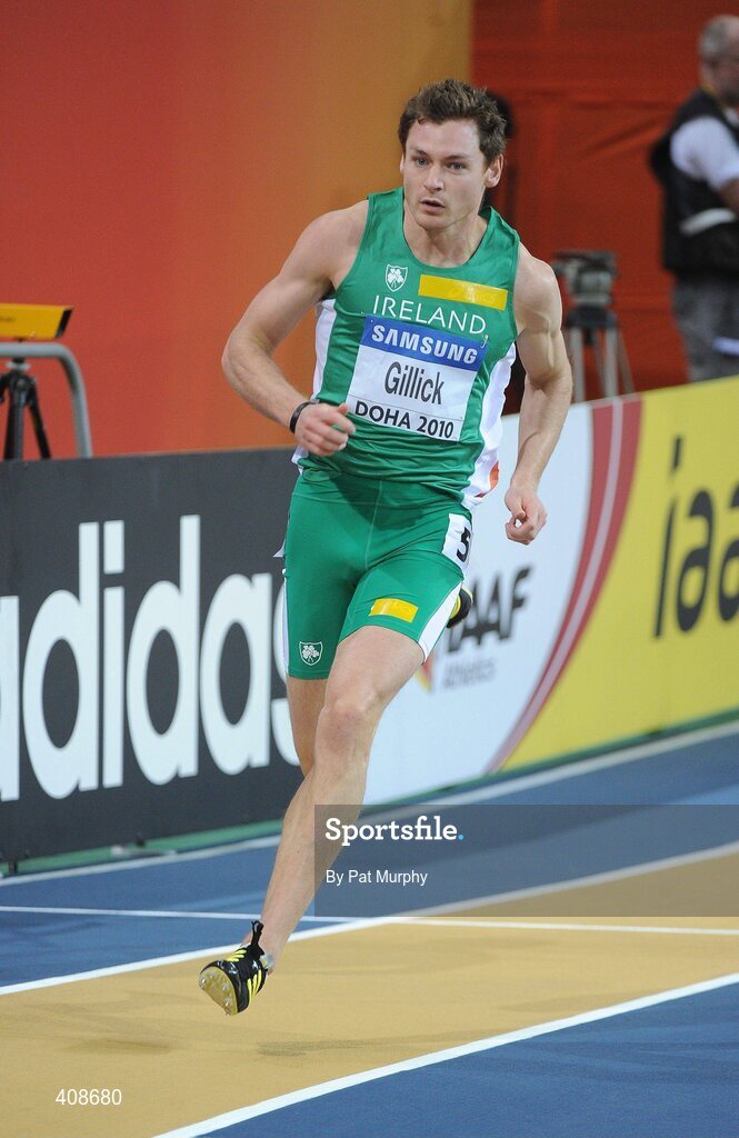 12 March 2010; Ireland's David Gillick on his way to winning his Men's 400m heat with a time of 46.72s during the 13th IAAF World Indoor Athletics Championships, Doha, Qatar. Picture credit: Pat Murphy / SPORTSFILE
