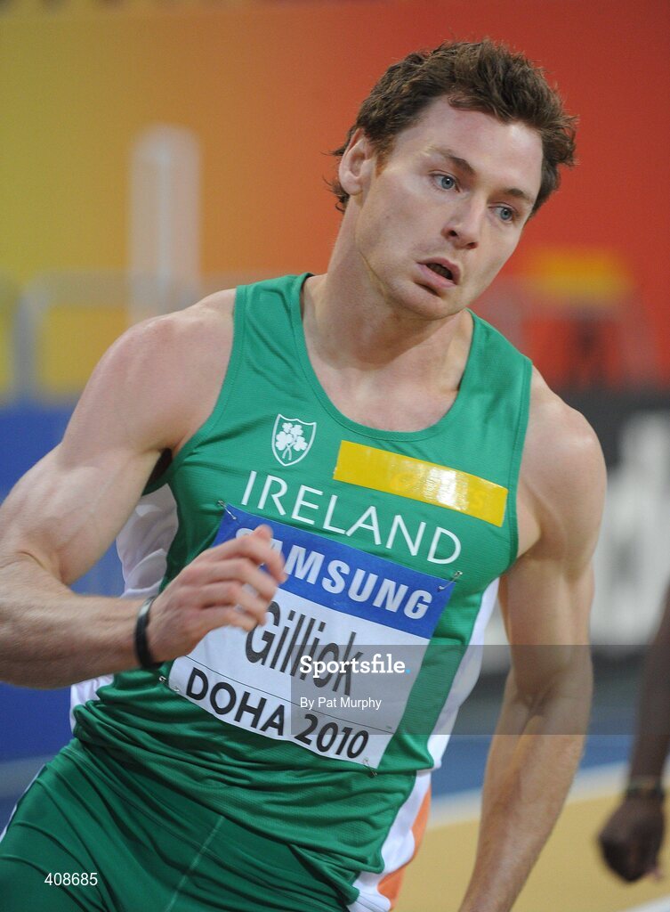 12 March 2010; Ireland's David Gillick on his way to winning his Men's 400m heat with a time of 46.72s during the 13th IAAF World Indoor Athletics Championships, Doha, Qatar. Picture credit: Pat Murphy / SPORTSFILE