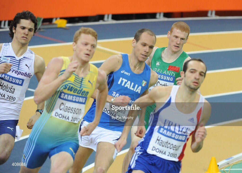 12 March 2010; Ireland's David McCarthy, second from right, on his way to finishing in 4th place and failing to qualify from his Men's 800m heat despite running a seasons best time of 1:51.88. 13th IAAF World Indoor Athletics Championships, Doha, Qatar. Picture credit: Pat Murphy / SPORTSFILE