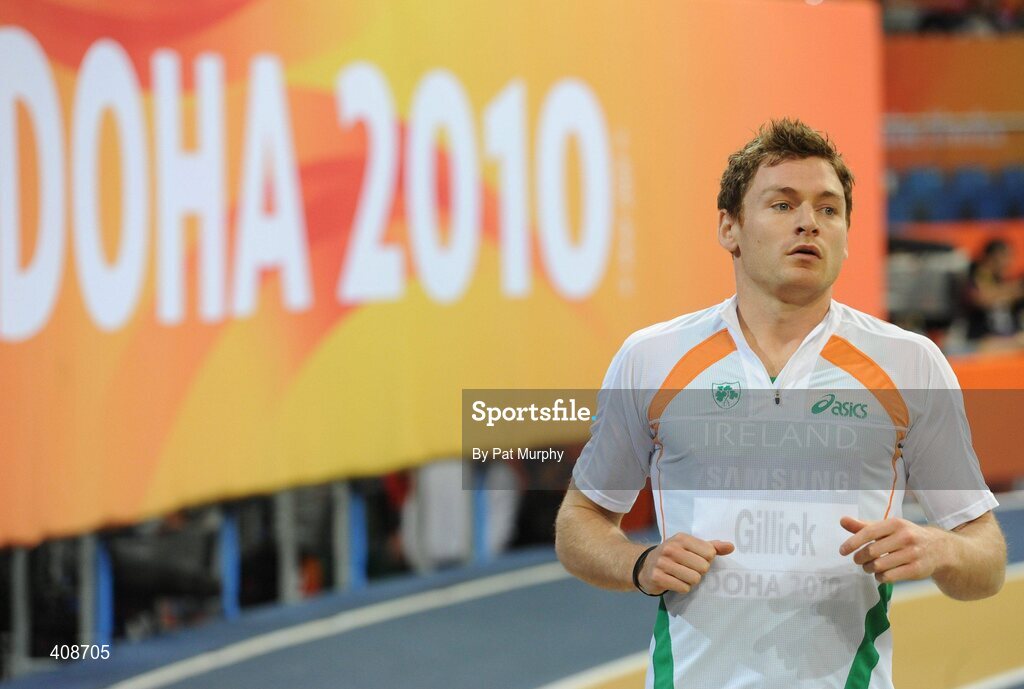 12 March 2010; Ireland's David Gillick warms up before winning his Men's 400m heat with a time of 46.72s during the 13th IAAF World Indoor Athletics Championships, Doha, Qatar. Picture credit: Pat Murphy / SPORTSFILE
