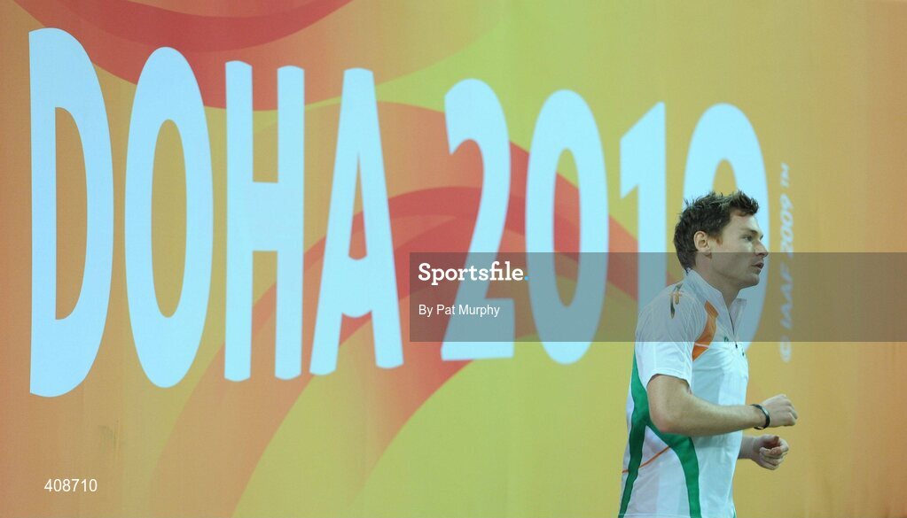 12 March 2010; Ireland's David Gillick warms up before winning his Men's 400m heat with a time of 46.72s during the 13th IAAF World Indoor Athletics Championships, Doha, Qatar. Picture credit: Pat Murphy / SPORTSFILE