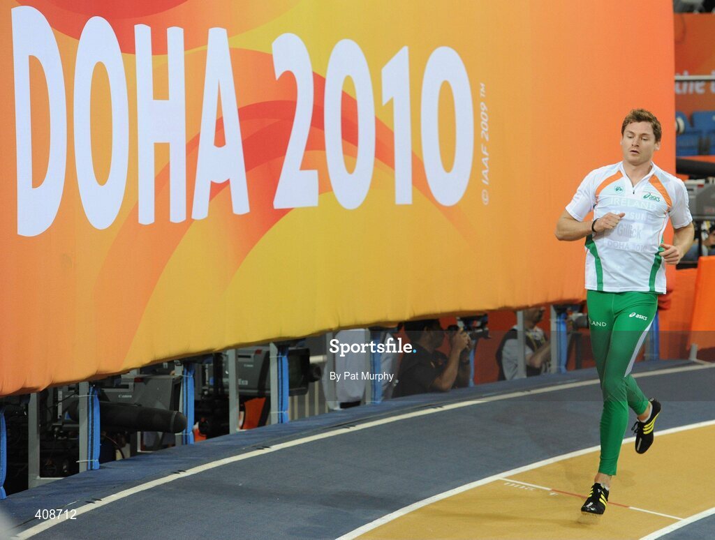 12 March 2010; Ireland's David Gillick warms up before winning his Men's 400m heat with a time of 46.72s during the 13th IAAF World Indoor Athletics Championships, Doha, Qatar. Picture credit: Pat Murphy / SPORTSFILE