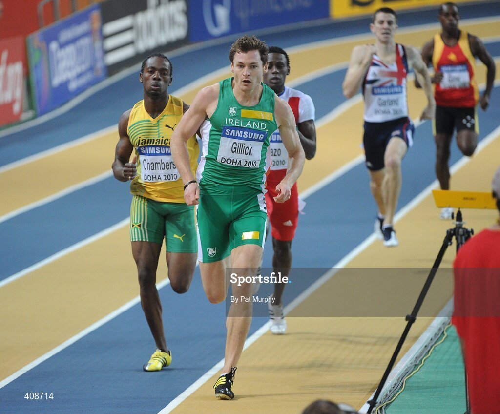 12 March 2010; Ireland's David Gillick on his way to winning his Men's 400m heat with a time of 46.72s during the 13th IAAF World Indoor Athletics Championships, Doha, Qatar. Picture credit: Pat Murphy / SPORTSFILE