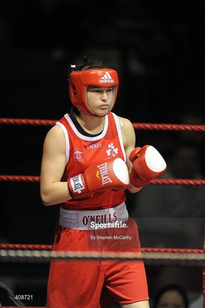 6 March 2010; Katie Taylor, Bray, Ireland, in action against Julia Tsyplakova, Ukraine, following their women's 60kg special bout. Men's Elite & Women's Novice National Championships 2010 Finals - Saturday Evening Session, National Stadium, Dublin. Picture credit: Stephen McCarthy / SPORTSFILE