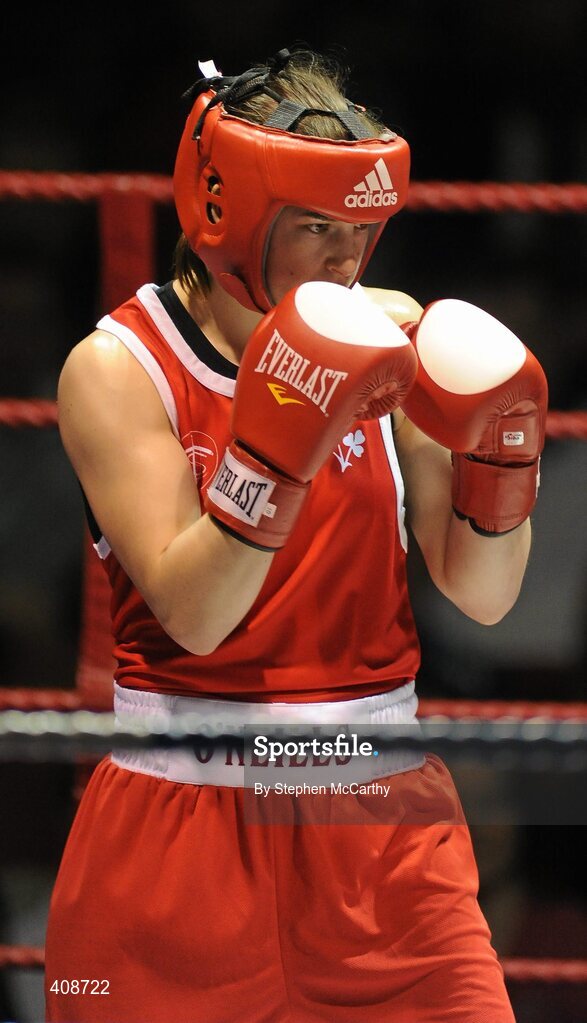 6 March 2010; Katie Taylor, Bray, Ireland, in action against Julia Tsyplakova, Ukraine, following their women's 60kg special bout. Men's Elite & Women's Novice National Championships 2010 Finals - Saturday Evening Session, National Stadium, Dublin. Picture credit: Stephen McCarthy / SPORTSFILE