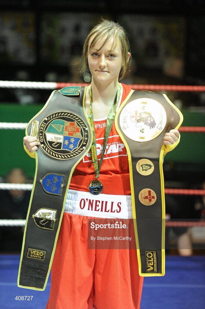 6 March 2010; Ceire Smith, Cavan, with her 54kg elite womens and novice's belts after receiving a walkover. Men's Elite & Women's Novice National Championships 2010 Finals - Saturday Evening Session, National Stadium, Dublin. Picture credit: Stephen McCarthy / SPORTSFILE