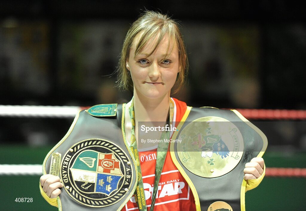 6 March 2010; Ceire Smith, Cavan, with her 54kg elite womens and novice's belts after receiving a walkover. Men's Elite & Women's Novice National Championships 2010 Finals - Saturday Evening Session, National Stadium, Dublin. Picture credit: Stephen McCarthy / SPORTSFILE