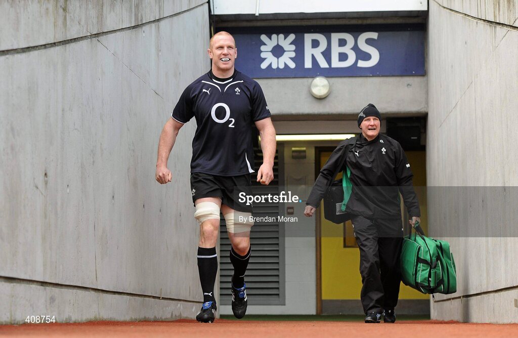 12 March 2010; Ireland's Paul O'Connell, followed by team doctor Dr. Jim McShane, makes his way to the pitch before the squad captain's run ahead of their RBS Six Nations Rugby Championship match against Wales on Saturday. Croke Park, Dublin. Picture credit: Brendan Moran / SPORTSFILE