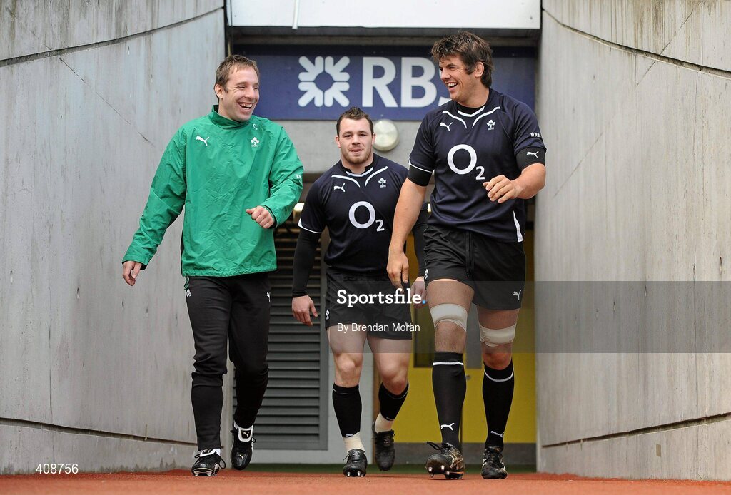 12 March 2010; Ireland's Tomas O'Leary, left, Cian Healy and Donncha O'Callaghan make their way to the pitch before the squad captain's run ahead of their RBS Six Nations Rugby Championship match against Wales on Saturday. Croke Park, Dublin. Picture credit: Brendan Moran / SPORTSFILE
