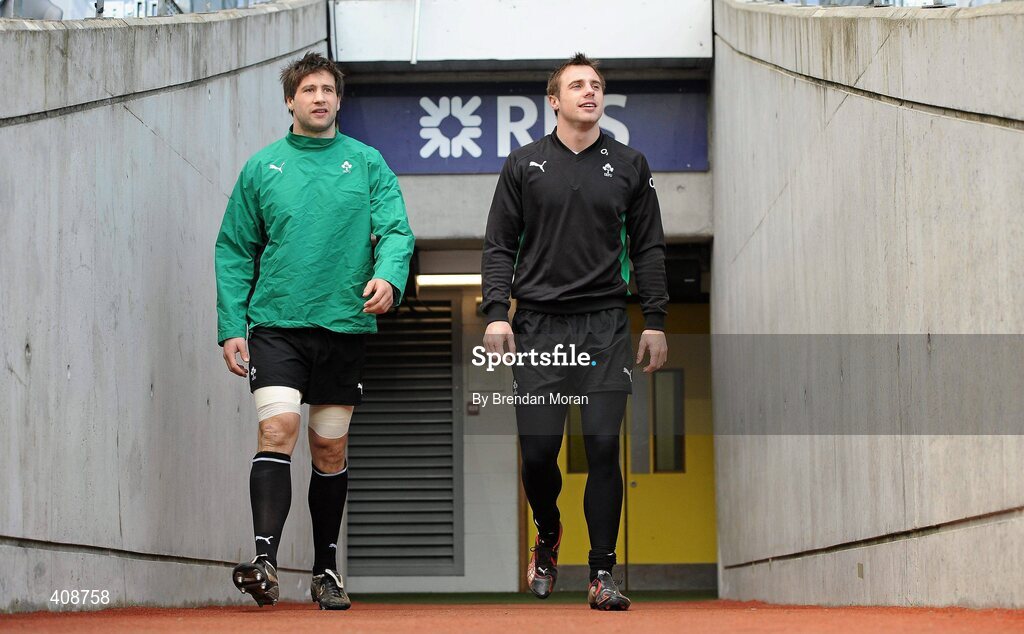 12 March 2010; Ireland's Kevin McLaughlin, left, and Tommy Bowe make their way to the pitch before the squad captain's run ahead of their RBS Six Nations Rugby Championship match against Wales on Saturday. Croke Park, Dublin. Picture credit: Brendan Moran / SPORTSFILE