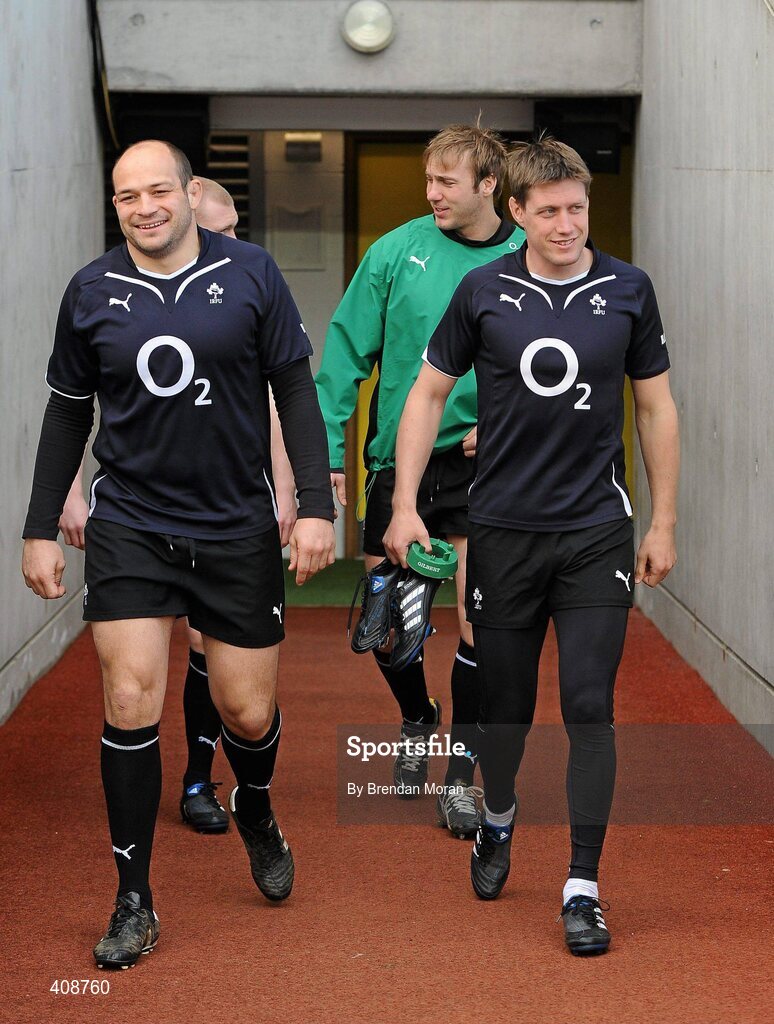 12 March 2010; Ireland players Rory Best, and Ronan O'Gara make their way to the pitch before the squad captain's run ahead of their RBS Six Nations Rugby Championship match against Wales on Saturday. Croke Park, Dublin. Picture credit: Brendan Moran / SPORTSFILE