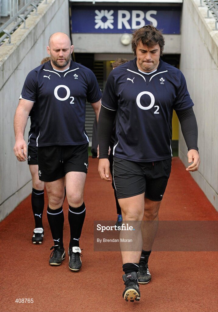 12 March 2010; Ireland props John Hayes, left, and Tony Buckley make their way to the pitch before the squad captain's run ahead of their RBS Six Nations Rugby Championship match against Wales on Saturday. Croke Park, Dublin. Picture credit: Brendan Moran / SPORTSFILE