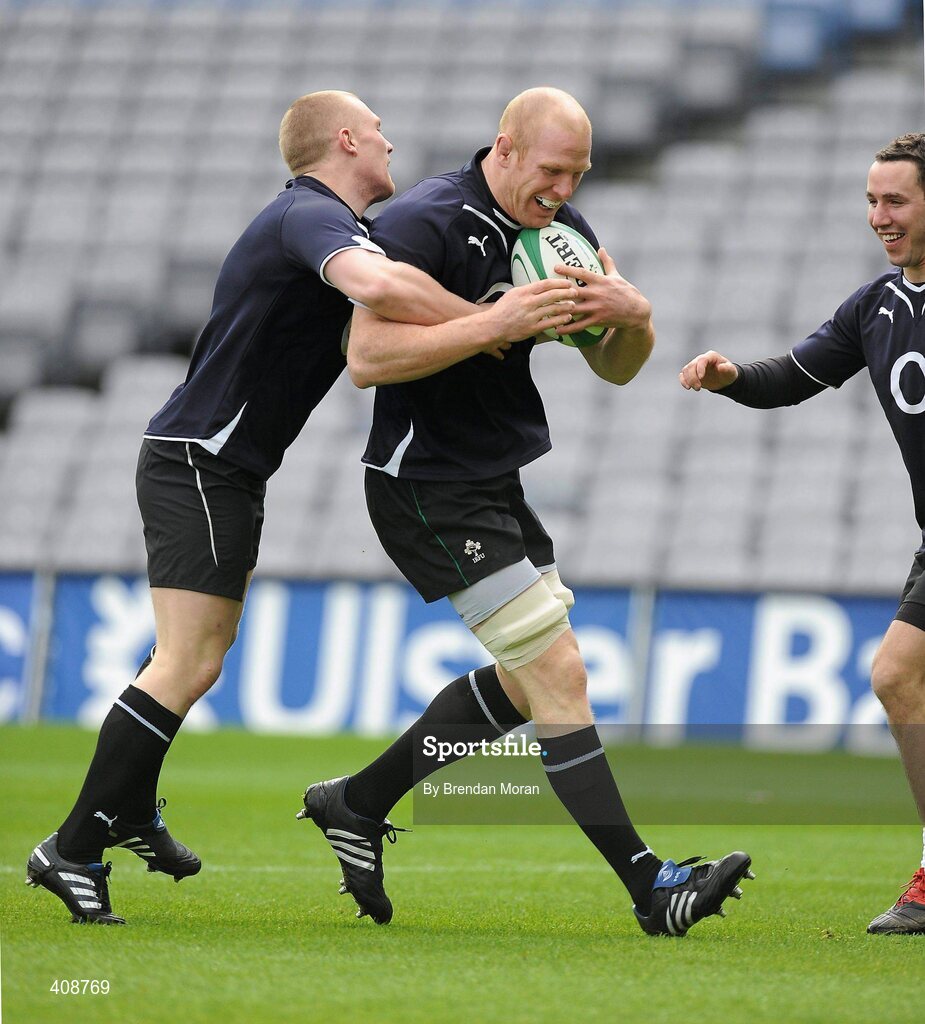 12 March 2010; Ireland's Paul O'Connell in action against Keith Earls, left, and Paddy Wallace during the squad captain's run ahead of their RBS Six Nations Rugby Championship match against Wales on Saturday. Croke Park, Dublin. Picture credit: Brendan Moran / SPORTSFILE