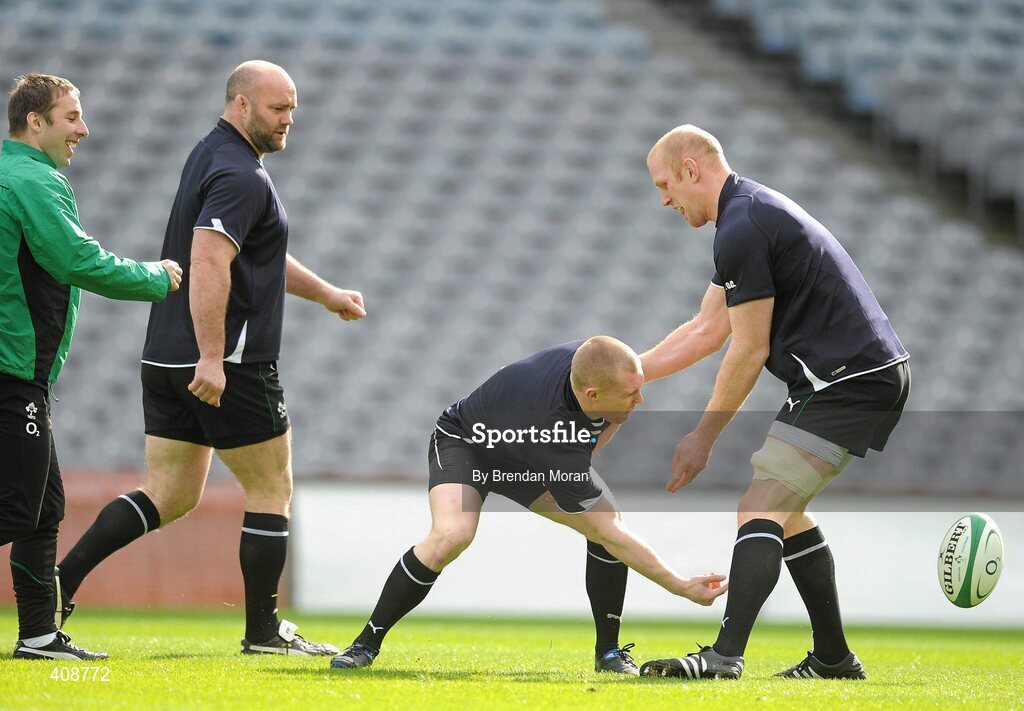 12 March 2010; Ireland's Keith Earls passes the ball through the legs of team-mate Paul O'Connell during the squad captain's run ahead of their RBS Six Nations Rugby Championship match against Wales on Saturday. Croke Park, Dublin. Picture credit: Brendan Moran / SPORTSFILE