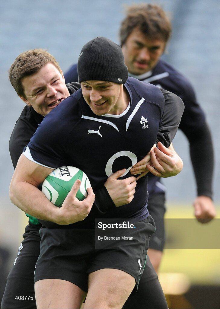 12 March 2010; Ireland's David Wallace is tackled by team-mate Brian O'Driscoll during the squad captain's run ahead of their RBS Six Nations Rugby Championship match against Wales on Saturday. Croke Park, Dublin. Picture credit: Brendan Moran / SPORTSFILE