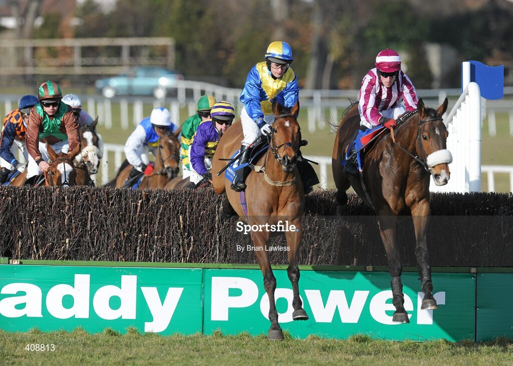 28 February 2010; Stewarts House, with Paddy Flood up, right, clears the last 'first time around' alongside Benefit Night, Thomas Ryan up, on the way to winning The Carrickmines Handicap Steeplechase. Leopardstown Racecourse, Dublin. Picture credit: Brian Lawless / SPORTSFILE