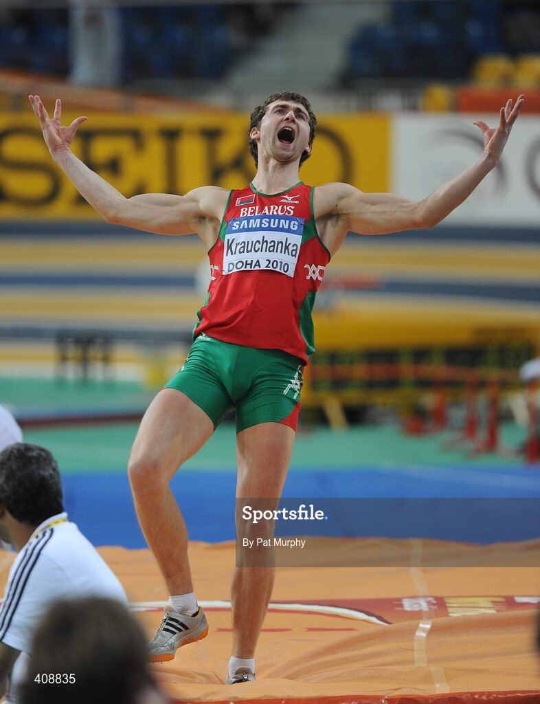 12 March 2010; Andrei Krauchanka, Belarus, celebrates after victory in the High Jump of the Men's Heptathlon at the 13th IAAF World Indoor Athletics Championships, Doha, Qatar. Picture credit: Pat Murphy / SPORTSFILE