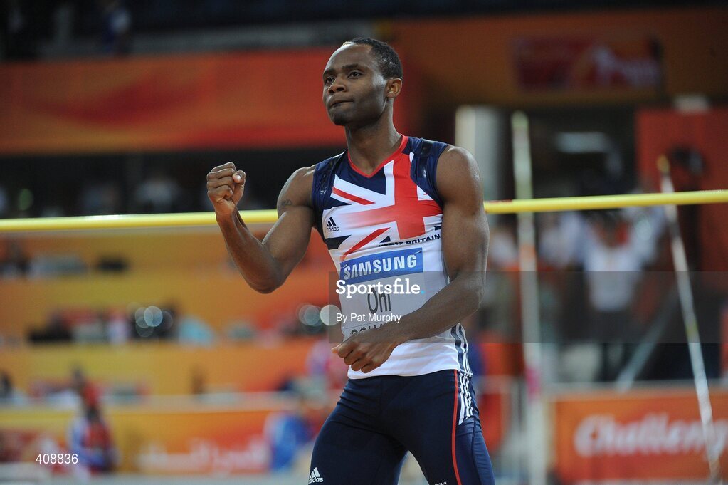 12 March 2010; Samson Oni, Great Britain, reacts after clearing the bar on his way to finishing in third place in the Men's High Jump qualification to qualify for the final at the 13th IAAF World Indoor Athletics Championships, Doha, Qatar. Picture credit: Pat Murphy / SPORTSFILE