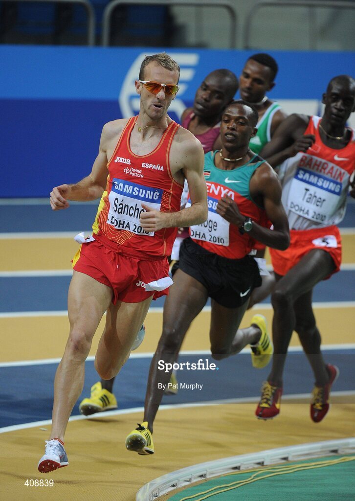12 March 2010; Spain's Sergio Sánchez on his way to finishing in third place in his heat to qualify for the Men's 3000m final at the 13th IAAF World Indoor Athletics Championships, Doha, Qatar. Picture credit: Pat Murphy / SPORTSFILE