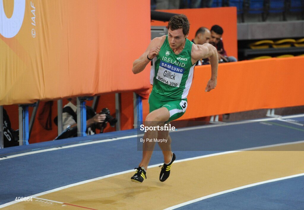 12 March 2010; Ireland's David Gillick, who ran a time of 46.15, on his way to finishing in second place behind Bershawn Jackson, USA, during his Men's 400m Semi-Final at the 13th IAAF World Indoor Athletics Championships, Doha, Qatar. Picture credit: Pat Murphy / SPORTSFILE
