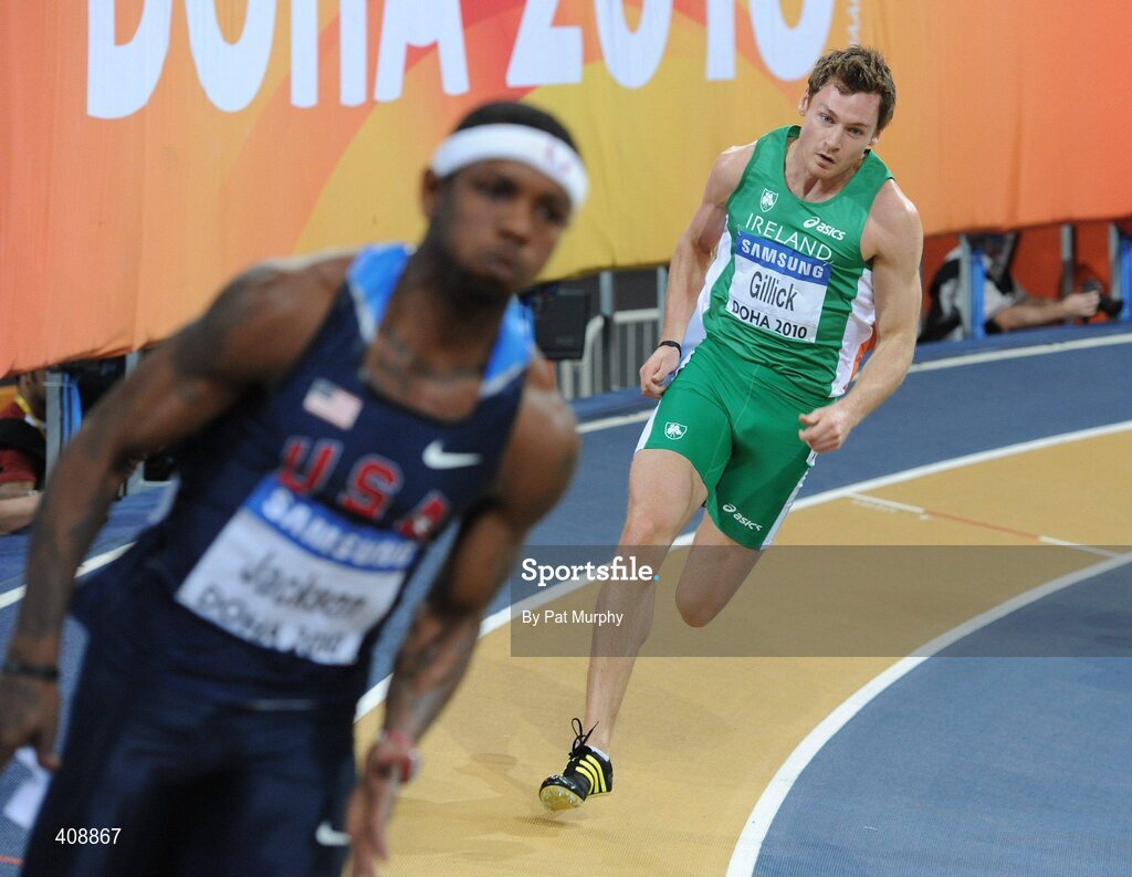 12 March 2010; Ireland's David Gillick, who ran a time of 46.15, on his way to finishing in second place behind Bershawn Jackson, USA, left, during his Men's 400m Semi-Final at the 13th IAAF World Indoor Athletics Championships, Doha, Qatar. Picture credit: Pat Murphy / SPORTSFILE