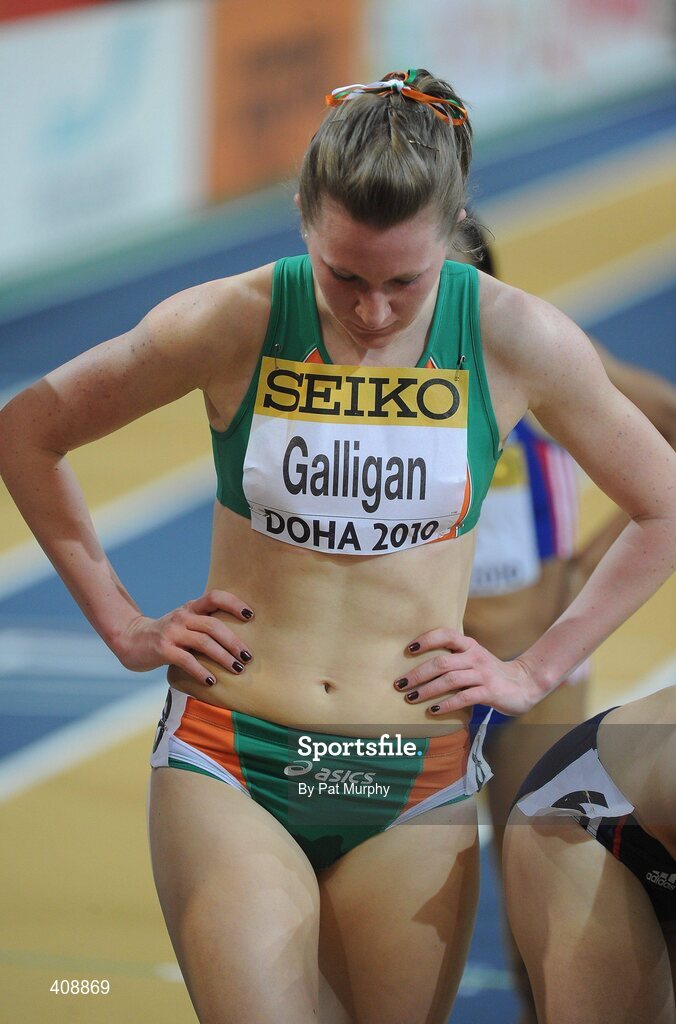 12 March 2010; Ireland's Roseanne Galligan shows her disapointment after finishing in 7th place in the Women's 1500m Heats at the 13th IAAF World Indoor Athletics Championships, Doha, Qatar. Picture credit: Pat Murphy / SPORTSFILE