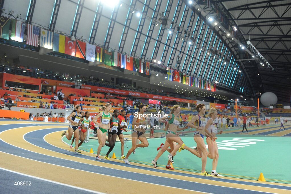 12 March 2010; Ireland's Deirdre Byrne, third from right, on her way to finishing in 10th place, in a time of 8:58.94, during her Women's 3000m Heats at the 13th IAAF World Indoor Athletics Championships, Doha, Qatar. Picture credit: Pat Murphy / SPORTSFILE