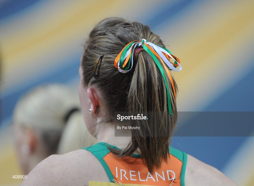 12 March 2010; Ireland's Roseanne Galligan who wore green white and orange ribbons in her hair after finishing in 7th place, in a time of 4:17:04, in her Women's 1500m Heat at the 13th IAAF World Indoor Athletics Championships, Doha, Qatar. Picture credit: Pat Murphy / SPORTSFILE