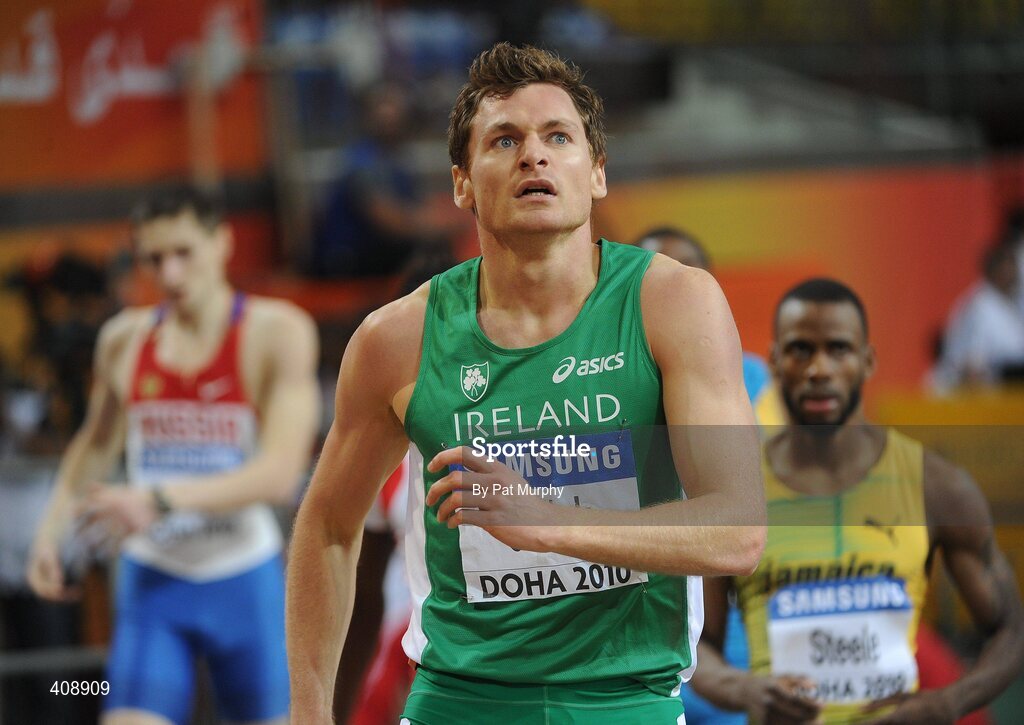 12 March 2010; Ireland's David Gillick looks at the scoreboard after finishing in second place, in a time of 46.15, behind Bershawn Jackson, USA, during his Men's 400m Semi-Final at the 13th IAAF World Indoor Athletics Championships, Doha, Qatar. Picture credit: Pat Murphy / SPORTSFILE