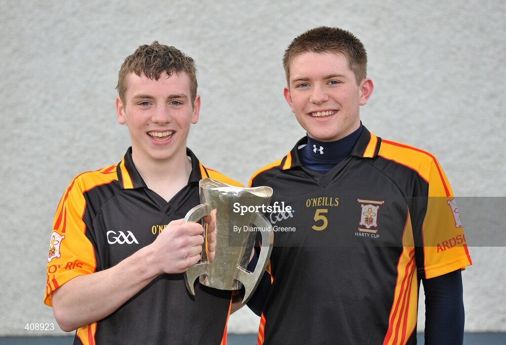 11 March 2010; Ard Scoil Ris joint captains Sean O'Brien, left, and Cathal McInerney celebrate with the Dr Harty Cup after victory over Thurles CBS. Harty Cup Final, 2nd Replay, Thurles CBS v Ard Scoil Ris, McDonagh Park, Nenagh, Co. Tipperary. Picture credit: Diarmuid Greene / SPORTSFILE