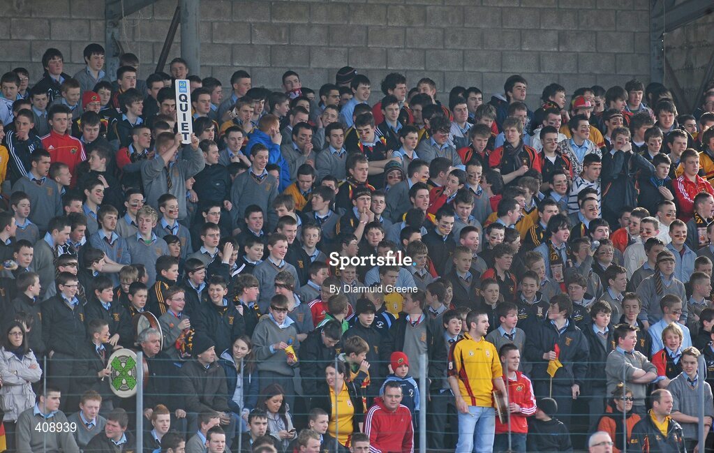 11 March 2010; An Ard Scoil Ris supporter calls for 'Quiet' as a free is about to be taken by his team. Harty Cup Final, 2nd Replay, Thurles CBS v Ard Scoil Ris, McDonagh Park, Nenagh, Co. Tipperary. Picture credit: Diarmuid Greene / SPORTSFILE