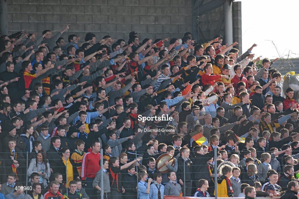 11 March 2010; Ard Scoil Ris supporters cheer on their side during the game. Harty Cup Final, 2nd Replay, Thurles CBS v Ard Scoil Ris, McDonagh Park, Nenagh, Co. Tipperary. Picture credit: Diarmuid Greene / SPORTSFILE