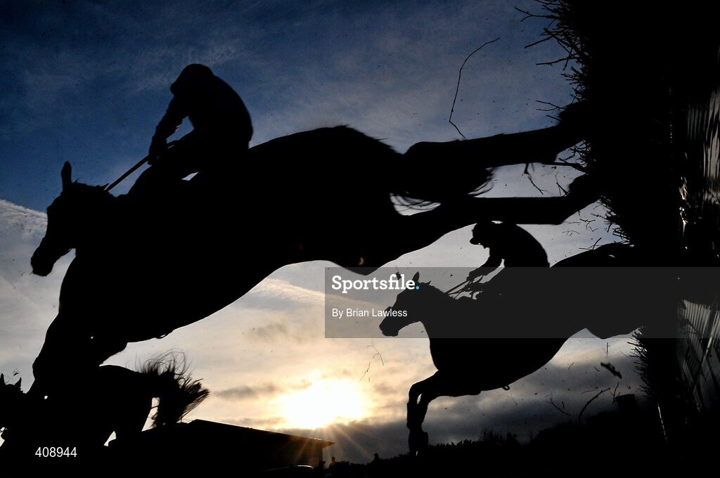 28 February 2010; A general view of horses clearing the last fence during The Newlands Steeplechase. Leopardstown Racecourse, Dublin. Picture credit: Brian Lawless / SPORTSFILE