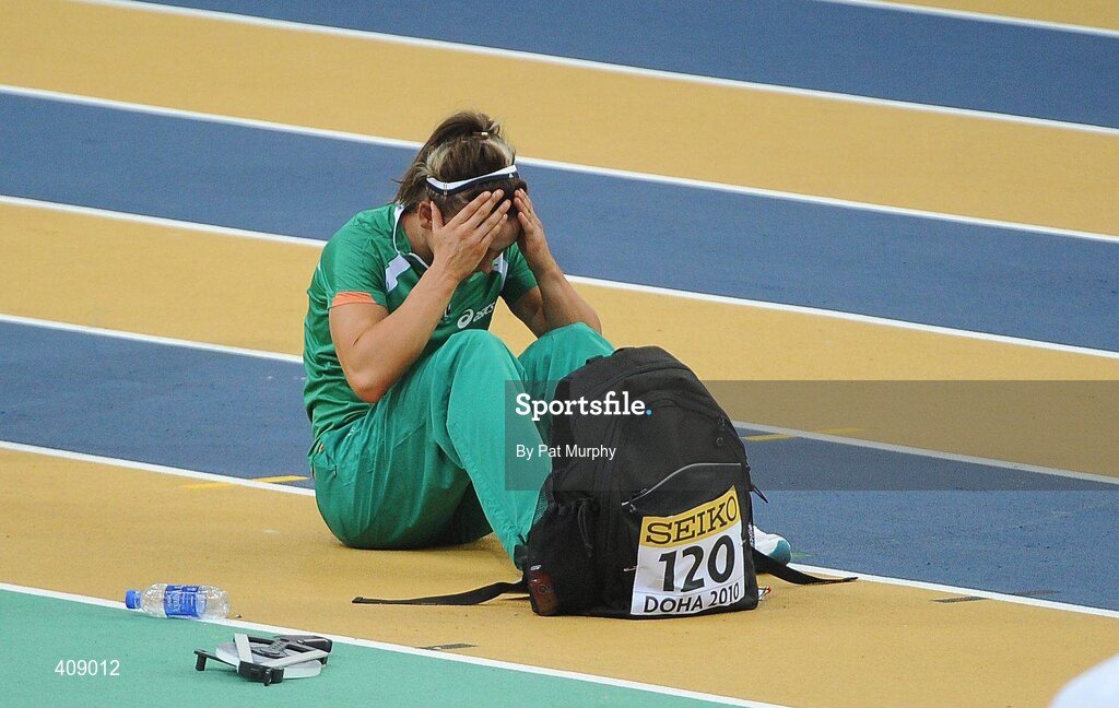 13 March 2010; Ireland's Kelly Proper shows her disappointment after failing to qualify for the the Women's Long Jump final at the 13th IAAF World Indoor Athletics Championships, Doha, Qatar. Picture credit: Pat Murphy / SPORTSFILE