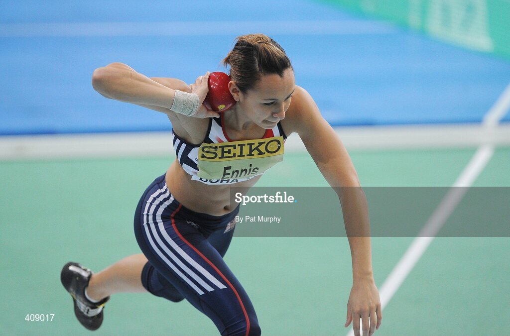 13 March 2010; Jessica Ennis, Great Britain, in action during the Shot Putt event during the Women's Pentathlon at the 13th IAAF World Indoor Athletics Championships, Doha, Qatar. Picture credit: Pat Murphy / SPORTSFILE