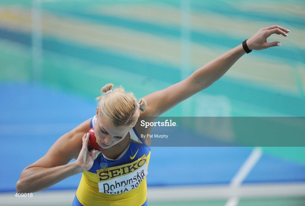 13 March 2010; Natallia Dobrynska, Ukraine, on her way to winning the Shot Putt event during the Women's Pentathlon at the 13th IAAF World Indoor Athletics Championships, Doha, Qatar. Picture credit: Pat Murphy / SPORTSFILE